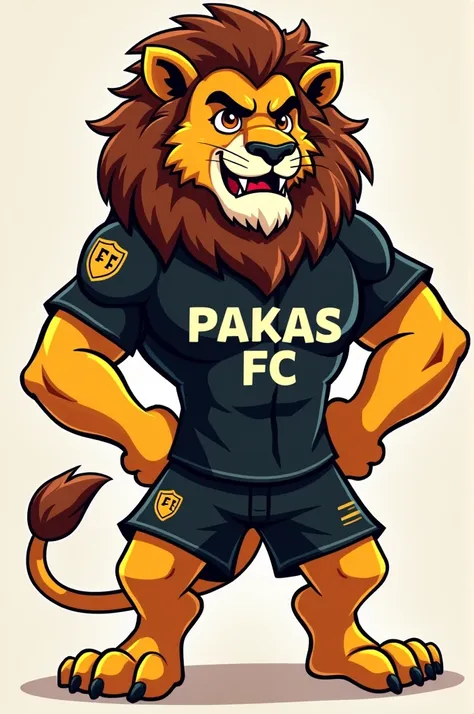 African Lion, Cartoon, Team mascot ,  wearing a black jersey spelled Pakas FC 