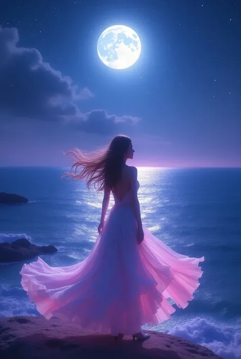 Full Moon and Starry Sky
purple and blue sparkling sea
Back view of a woman 、 her hair is fluttering
The gorgeous white and pink dress is fluttering
fantastic world