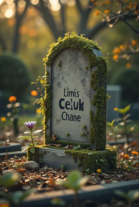 Decaying tombstone covered with moss and plants，Tombstone with words tusiart2023～xxxx，Tombstone Bird, Signs of decay,Cemeteries，Small Flower,night,in conclusion,photography