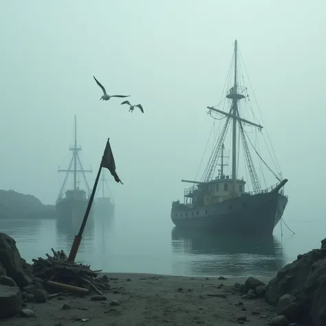 Sad Atmosphere, An abandoned port, dilapidated ships quietly docked, seagulls hovering in the air. The background is a hazy sea mist, symbolizing unknown sadness. The prospect is a broken mast on the shore, with a tattered flag hanging from the top of the ...