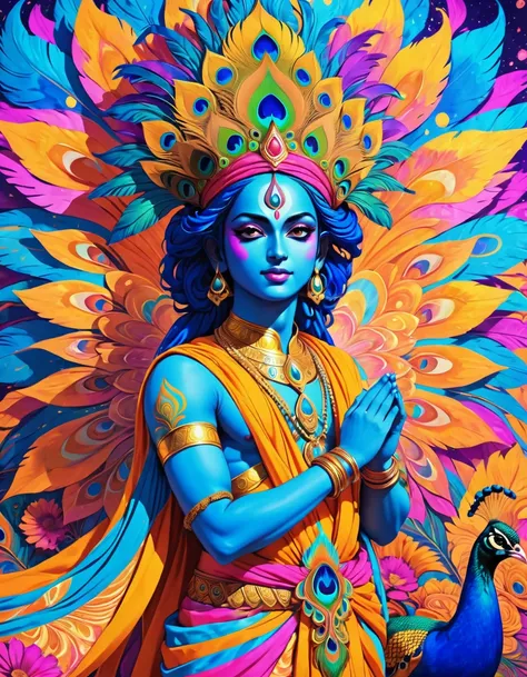 psychedelic art, trippy lsd art, vibrant abstract psychedelic backgrounds, hindu god "krishna", blue skin, wearing a golden loin...