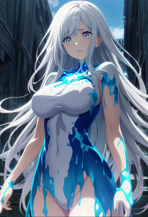 1girl, white silver hair, long hair, pink and blue eyes melt color, demigod, CG, screenshot, 95cm breasts