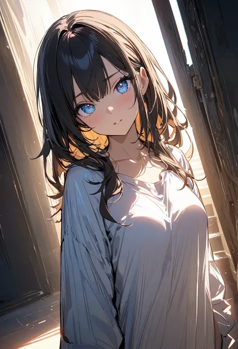 artwork like a colored rough sketch drawn, pretty cutie, captivating eyes, wearing long and big shirt, contrasts of light and shadow, BREAK ultra detailed, absolutely resolution, best quality