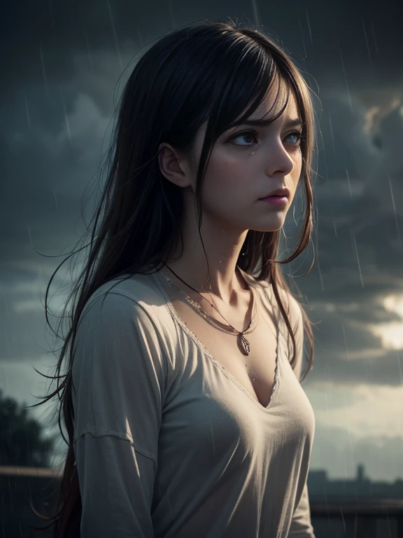 Somber, sadness, crying, female anime crying, rainy clouds, sad atmosphere, a detailed sad atmosphere, sadness, melancholy, dramatic lighting, cinematic, moody, 8k, high quality, photorealistic, muted colors, perfect anatomy, perfect face, perfect body,  