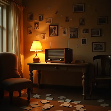 Sad Atmosphere, An old room full of memories, with old photos hanging on the walls and old letters scattered on the ground. The background is warm orange lights, symbolizing nostalgia. The foreground is an old table in the center, on which there is an old-...