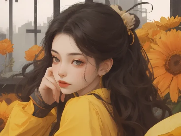 Small breasted girl、 Full Body Portrait ，Flat and slim body， Flat-chested ，Black-haired、Half Up，Floating hair，Hazy beauty， Very Beautiful Face ，yellow burgundy embroidered tulle soft dress，Head with hair ornament，Surrounded by flowers， Perfect Anatomy，（Thi...