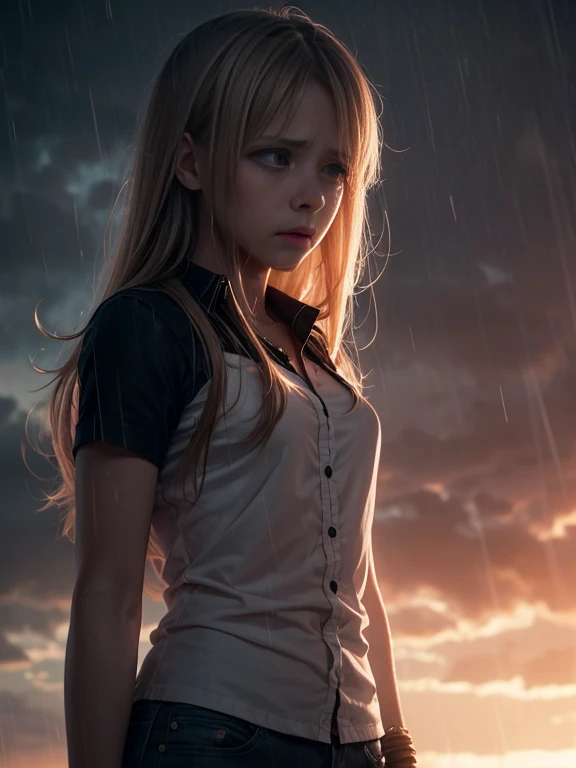 Somber, sadness, crying, female anime crying, rainy clouds, sad atmosphere, a detailed sad atmosphere, sadness, melancholy, dramatic lighting, cinematic, moody, 8k, high quality, photorealistic, muted colors, perfect anatomy, perfect face, perfect body,  