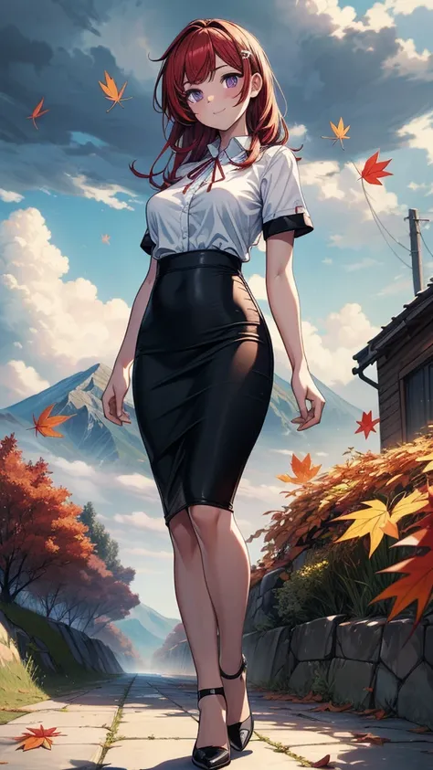 ((((masterpiece, best quality:1.8, high detail)))), (1girl), beautiful woman posing, bright (purple eyes), large breasts, confident, wide-eyed, smile, solo focus, long hair, (red hair), (hairpin), ((white collar shirt short sleeves)), neck ribbon, (black m...