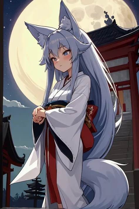  best quality , masterpiece, HD,  Temple, shrine,  Fox starture  , Fox girl, fuchsohr, foxtail, very very long hair bluesilver , blue-grey eyes ,Cross ,necklace , no underwear ,  white very short kimono , pray ,  night full moon  ,  little fox playing near...