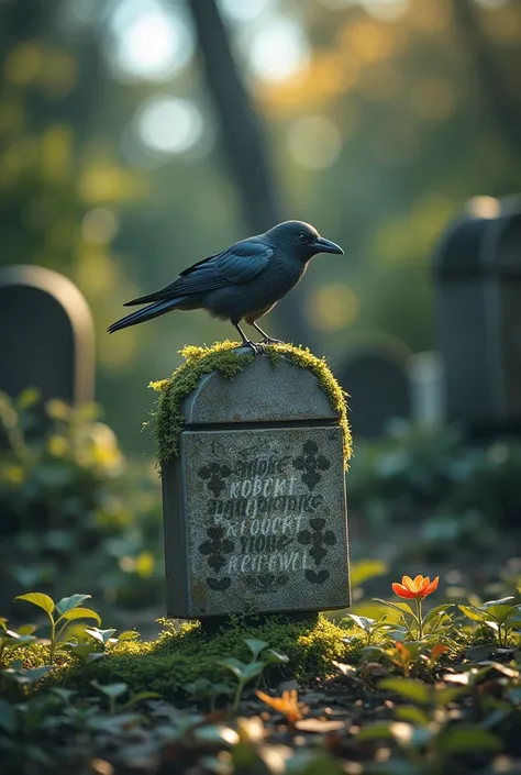 覆盖着青苔和植物的腐烂tombstone，tombstone有文字tusiart2023～xxxx，tombstone，crow, Signs of decay,Cemeteries，Small Flower,night,in conclusion,photography