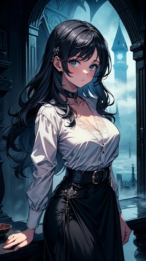 ((((masterpiece, best quality:1.3, high detail)))), beautiful woman, long wavy hair, (dark blue hair), hairpin, (white blouse), ((long black skirt)), long black skirt:1.3, belt, buckle, collarbone, (fog), (night sky), (atmospheric), ((shade)), stone, gothi...