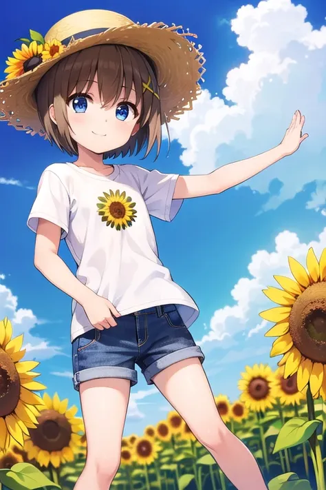 masterpiece,best quality,ultra detail,1girl, 12yo,petite,smile happy,sunflower garden,straw hat,sunshine,cloud,yagami hayate, sh...