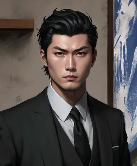 there is a man in a suit and tie standing in front of a wall, painted in anime painter studio, handsome guy in demon slayer art, anime portrait of a handsome man, inspired by Hisui Sugiura, detailed character portrait, anime handsome man, character portrai...