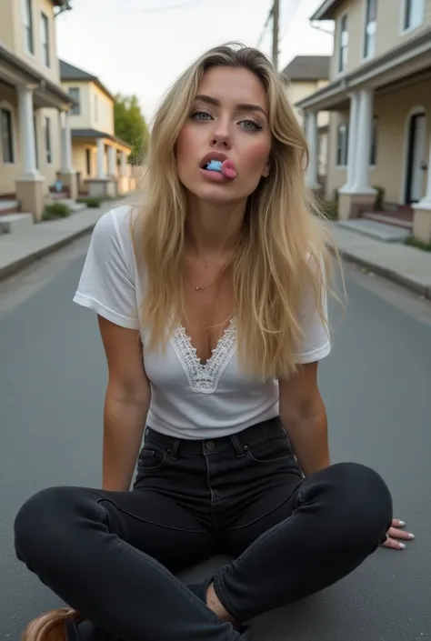 Create a realistic image of a 20 year old woman, long blonde hair, blue eyes, cheekbones, ((full body)),
 sitting on the ground in the street on a sidewalk, wearing black jeans,
 the t-shirt has white lace, tongue sticks out (blue tongue piercing), backgro...