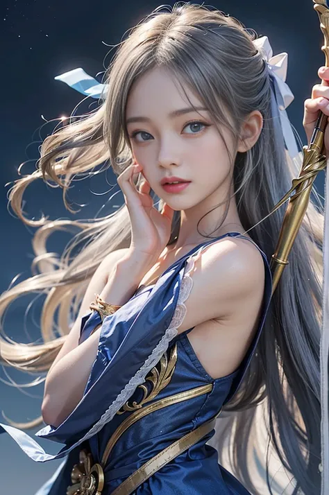 (魅惑的なMoon Goddessのような鎧を着た射手の少女),( Realistic Beautiful Night Magician ),(Artemis, Moon Goddess), A Silver Bow and Arrow with Lavishly Decorated Hands ,Preparing to shoot a bow,Mysterious Girl,Amazing results,(small ),A vivid face,Benevolent Eyes ,Cute face,...