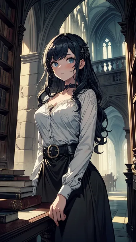 ((((masterpiece, best quality:1.3, high detail)))), beautiful woman, long wavy hair, (dark blue hair), hairpin, (white blouse), ((long black skirt)), long black skirt:1.3, belt, buckle, collarbone, (atmospheric), ((shade)), stone, gothic manor, tower inter...