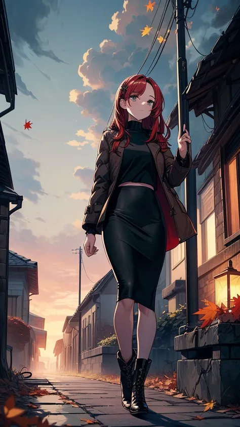 ((((masterpiece, best quality:1.8, high detail)))), (1girl), beautiful serious woman, confident, solo focus, long hair, (red hair), (hairpin), ((brown coat)), (black midi pencil ((skirt))), (((long black skirt))), boots, slim body, sidewalk, fall, stone pa...