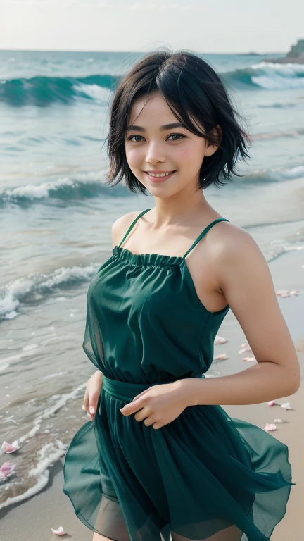 One beautiful and delicate portrait of a playful cute girl with short boyish hair, black hair, emerald green sea, mischievous smile, dancing petals, (top quality, masterpiece, ultra-realistic) and petals floating in the background