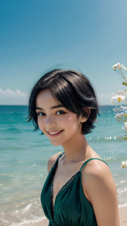 One beautiful and delicate portrait of a playful cute girl with short boyish hair, black hair, emerald green sea, mischievous smile, dancing petals, (top quality, masterpiece, ultra-realistic) and petals floating in the background