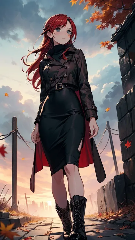 ((((masterpiece, best quality:1.8, high detail)))), (1girl), beautiful serious woman, confident, solo focus, long hair, (red hair), (hairpin), ((brown coat)), (black midi pencil ((skirt))), (((long black skirt))), boots, slim body, fall, stone path, (autum...