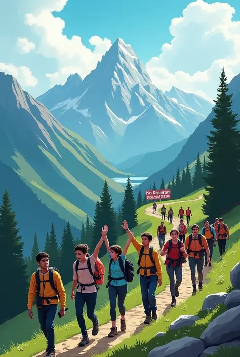 create an image of people on a hike saying no to discrimination 
