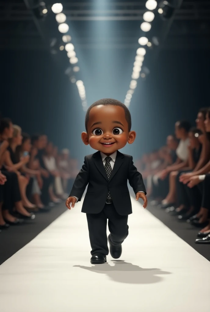 baby obama walking on a fashion runway with people around