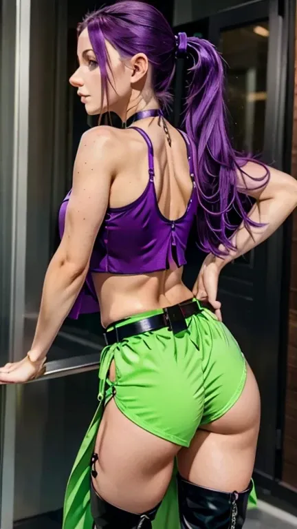 martina,purple eyes, purple hair, very long hair, ponytail, hair scrunchie, green choker, o-ring top, tank top, sleeveless, wais...