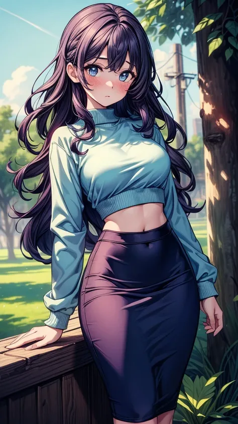 ((((masterpiece, best quality:1.3, high detail)))), beautiful woman, (wide-eyed), (full-face blush), solo focus, one person only, long wavy hair, (dark purple hair), (white sweatshirt) (blue midi pencil ((skirt))), (long blue skirt), wide hips, midriff, na...