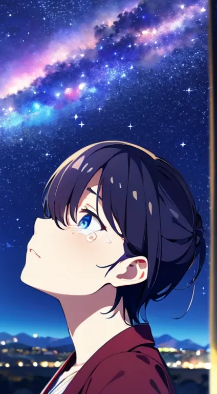  an adult woman with a lonely expression looking up at the night sky、A drop of big tears is flowing from her eyes ,（Im looking directly above so my tears dont fall）、A slightly open mountain top,Beautiful stars in the night sky々is shining beautifully、Angle ...