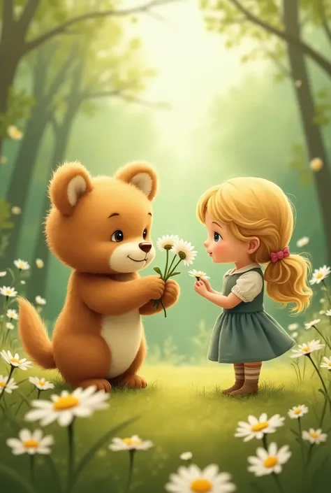 Cheburashka with daisies in her paws gives the girl blond hair