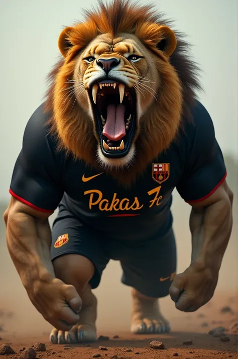 African lion muscle and bad face , roaring,  wearing a black jersey written Pakas FC 