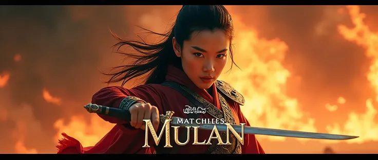 "Design an intense action poster for the movie Matchless Mulan  She should appear fierce and determined, with her sword drawn, reflecting her warrior spirit. Her armor is battle-worn, and her face shows resolve, with strands of hair flying loose from the w...