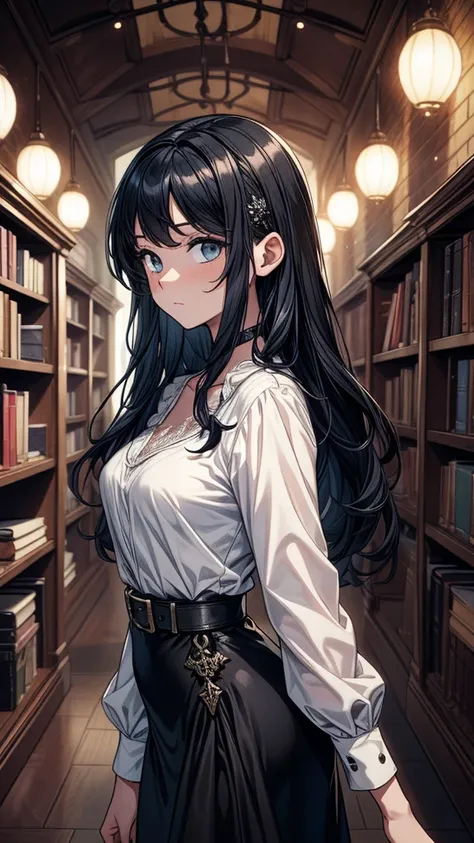 ((((masterpiece, best quality:1.3, high detail)))), beautiful woman, long wavy hair, (dark blue hair), hairpin, (white blouse), ((long black skirt)), pencil skirt, long black skirt:1.3, belt, buckle, collarbone, ((atmospheric)), ((shade)), stone, gothic ma...