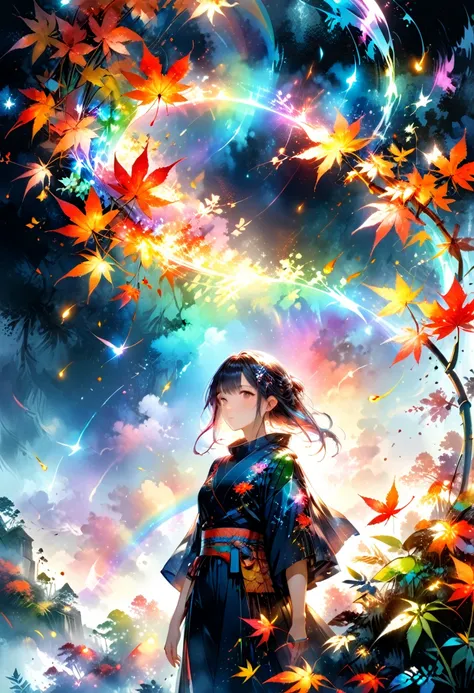 beautiful thicket 、autumn leaves、日本のautumn leaves、Bamboo forest in the dark night, Delicate and sharp, Clear contours, Soft interior lighting, Many small fireflies flying around, All-over holographic glow, Vibrant colors, wonderful虹の反射, Metallic luster, A ...