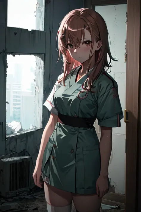 Sad Atmosphere, (Abandoned Hospital), (Misaka Mikoto), UHD, retina, masterpiece,accurate anatomy, textured skin, super detailed, high quality, best quality, highres, 8k