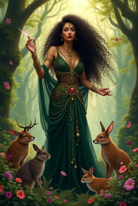 Witch woman curly hair in a bright forest setting, surrounded by animals.