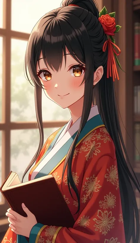 （masterpiece:1.3),( Best Quality :1.4),(actual:1a.4）, Antique-style Chukemori College ,Liu Yurou,Bangs,  Ponytail long hair , Smile,  Wearing an antique Confucian costume,Booklet ,