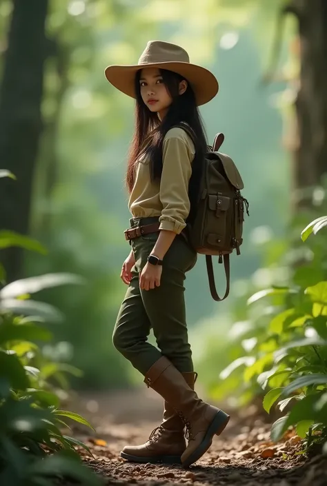 Full view Thai girl with long hair wearing cowboy hat, dressed in hunting suit, brunette wearing boots, backpack. She was walking in the forest, she turned to me, refreshing atmosphere enlarging the wide angle.