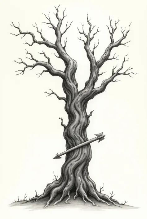 A handmade drawing of an old, twisted ,  tree with marks on its bark and an arrow pointing east.