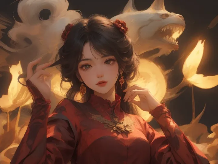 Small breasted girl、 Full Body Portrait ，Flat and slim body， Flat-chested ，Black-haired、Half Up，Floating hair，Hazy beauty， Very Beautiful Face ，red burgundy embroidered tulle soft dress，Head with hair ornament，Surrounded by flowers， Perfect Anatomy，（Thin b...