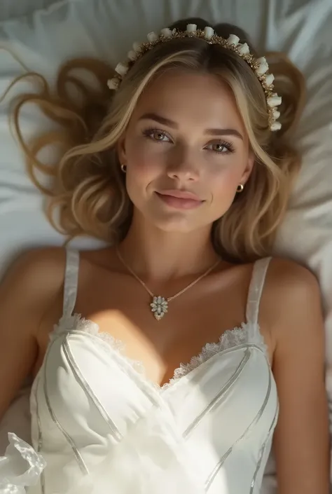  Ultrarealistic close-up portrait of a beautiful blond young German bride with a beautiful hourglass figure.  She lies on the bed and smiles exhausted  , but happy. She wears a long, metallic white A-line wedding dress with shiny satin straps  . Perfect br...