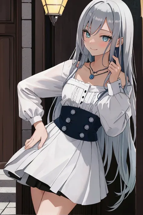 best quality , hd, masterpiece, school , small corner  , night,  girl,   very long blue silver hair, blue-grey eyes, necklace, ,...