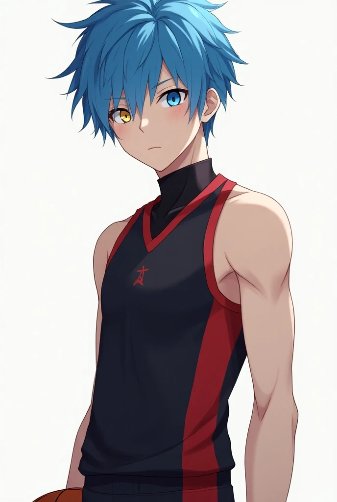 A male anime character. Blue-haired haired in size patting the shoulder , with ocular heterochromia  ,  one blue eye and the other yellow ; light skinned, very high,  wearing a black and red basketball outfit with a basketball in his hand . Looking 18 year...