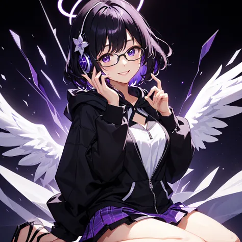 solo2.0((Best Quality)),((Handcrafted)) ((masterpiece)), (detailed)(( anatomically correct)) purple black haired angel girl sandal phone 2.0、white halo 0 .5、Bobcut 1.8、 black hoodie and purple mini skirt 1 .8、 black and purple headphones 1 .2、Black-rimmed ...