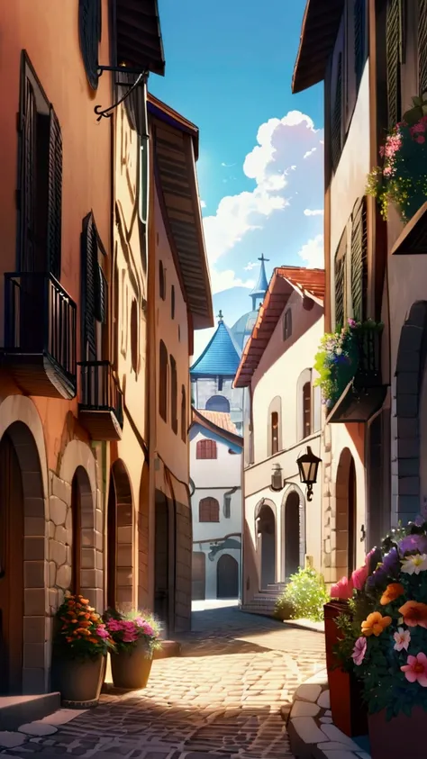 Masterpiece, high quality, best composition, summer landscape, cinematic light, old Italian town, narrow cobblestone streets lined with houses on both sides, colorful flowers in the windows of the houses, stone stairs leading to the end of the cobblestones...