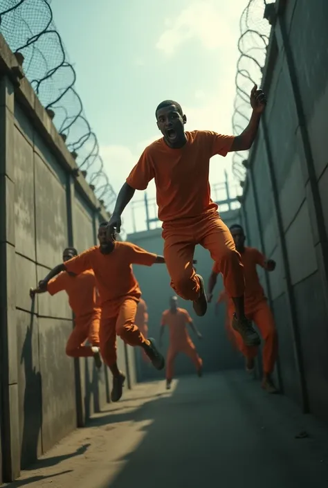 Prisoners in orange clothes jumping over a prison wall 