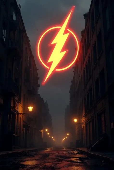 the flash symbol, khổng lồ, In the sky , dark alley scene
