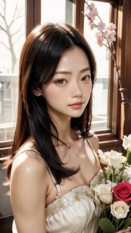 a close up of a woman holding a vase of flowers, with flowers, magazine photo, by Ayami Kojima, official artwork, jinyoung shin, with frozen flowers around her, by Ni Tian, dilraba dilmurat, jaeyeon nam, cynthwave, hwang se - on, mackenzie foy, by Zhang Ha...