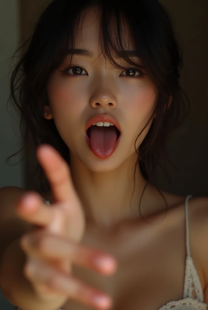 (ahegao, open mouth wide:1.2), (fellatio gesture, oral invitation), Asian girl