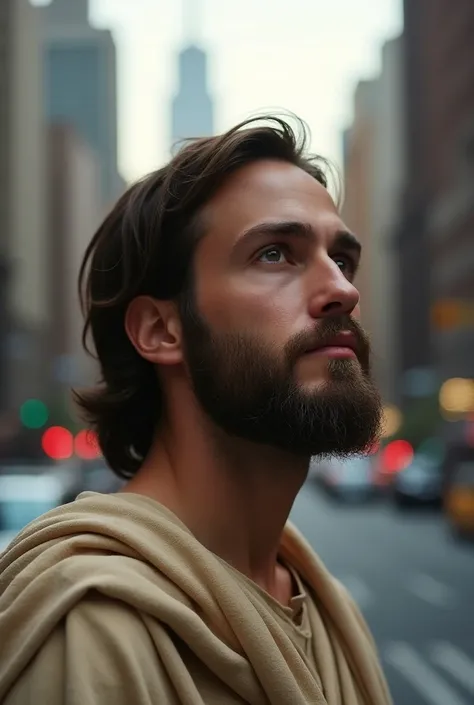 4K photograph of Jesus with short hair and short pointed beard. New York City background
